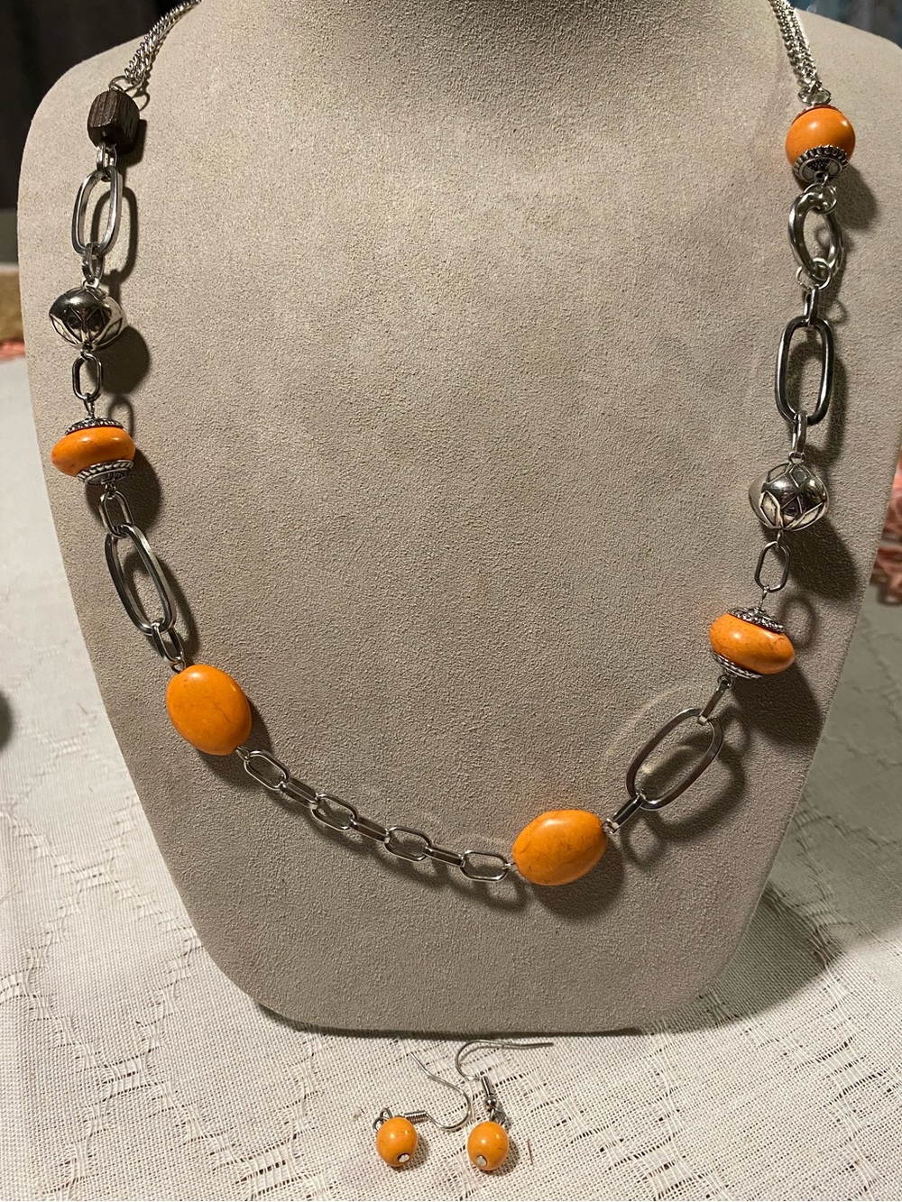 Orange Bead Link Necklace and Earring Set